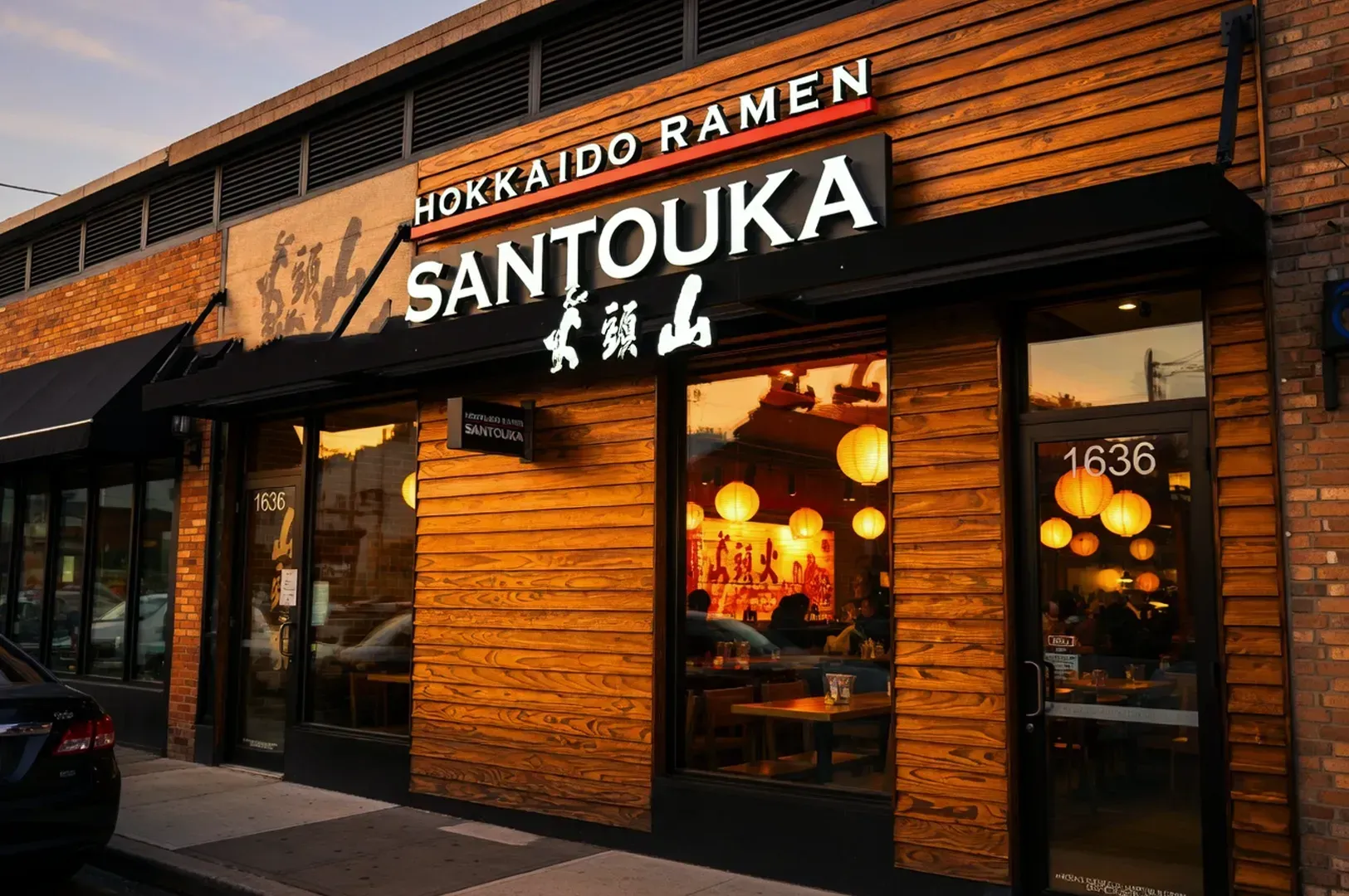 Storefront of Hokkaido Ramen Santouka at dusk, with warm, glowing lights inside. The wooden facade and bold signage create a welcoming atmosphere.
