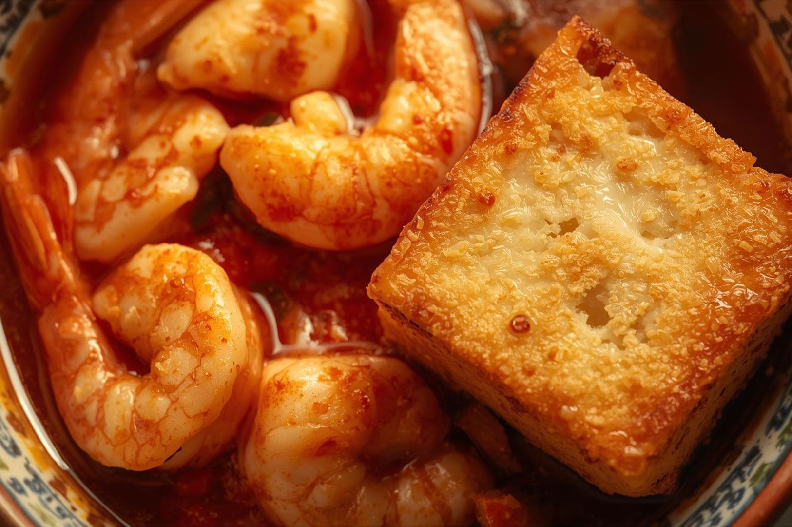 Close-up of a crisp, golden-brown cube of Agedashi Tofu next to several pink shrimp in a vibrant, reddish-orange spicy broth.