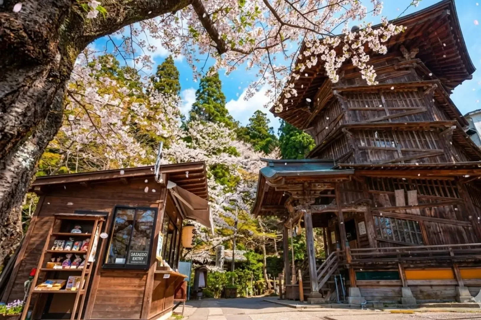 The historic wooden Aizu Sazae-do temple surrounded by blooming cherry blossoms in spring.