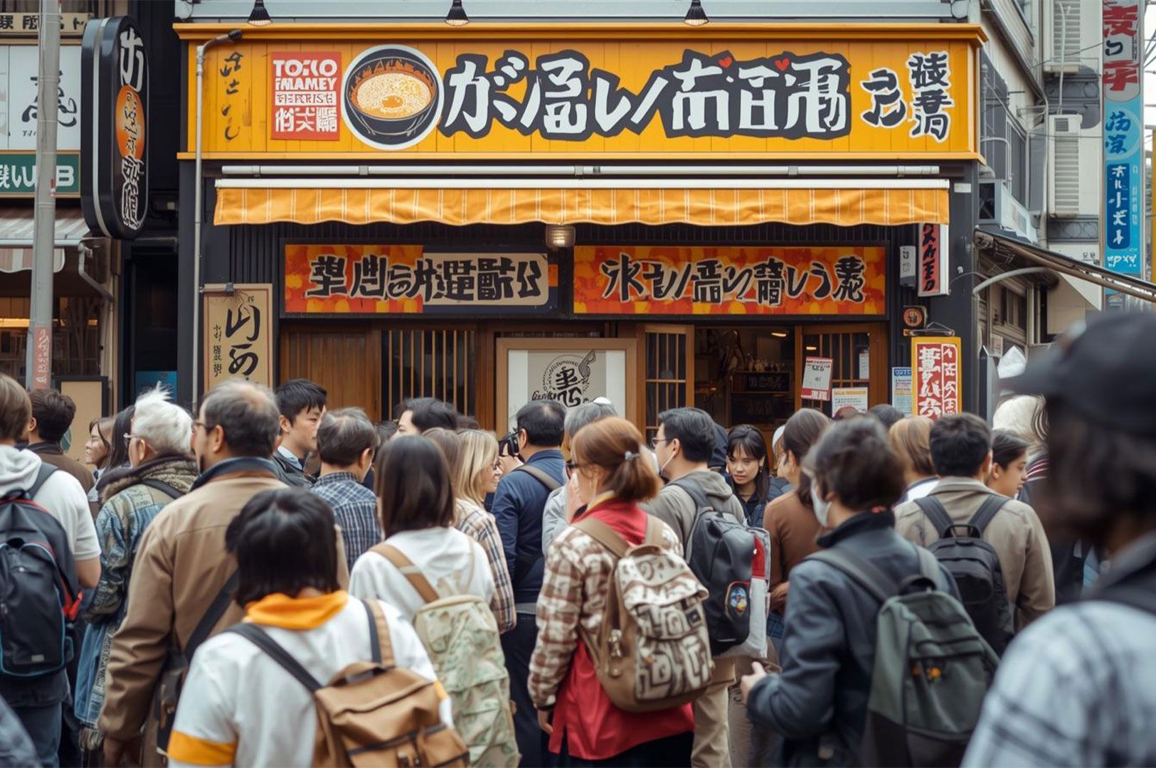 A wide shot of a crowded Tokyo street showing numerous people gathered in front of a popular Japanese ramen restaurant with a bright orange sign and a long line.