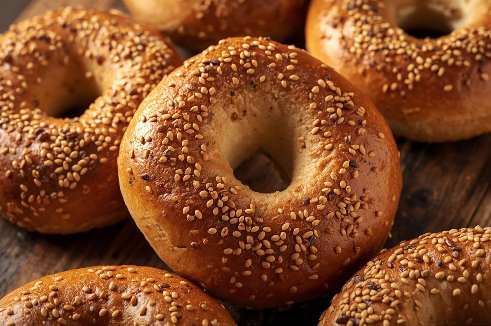 Macro view of several golden-brown bagels heavily dusted with sesame seeds, piled on a wooden surface, highlighting the crunchy texture.