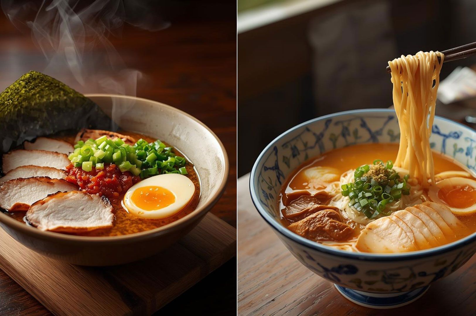 Diptych image showing two styles of gourmet ramen: one bowl with chashu and chili paste, and another bowl being lifted by chopsticks, both featuring rich broth and eggs.