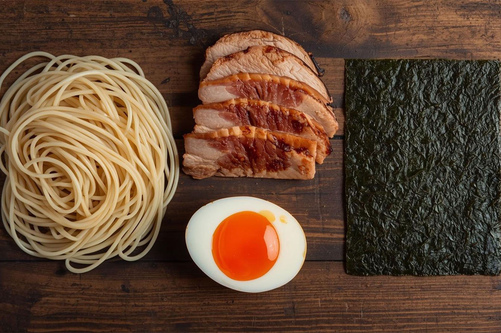 Overhead shot of essential ramen components laid out on a dark wooden surface: coiled cooked noodles, sliced pork belly chashu, a halved soft-boiled ramen egg (ajitama), and a sheet of nori seaweed.