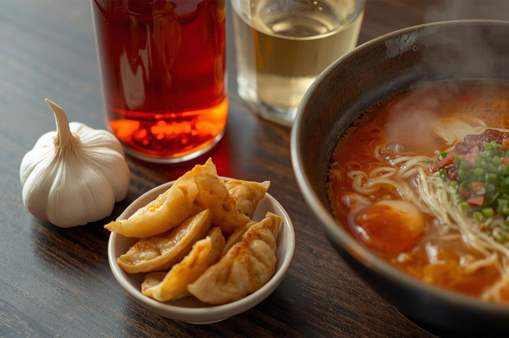 Table setting featuring a bowl of spicy red ramen noodles and soup, a small white bowl of pan-fried Gyoza dumplings, a glass bottle of chili oil, and a glass of light-colored drink.