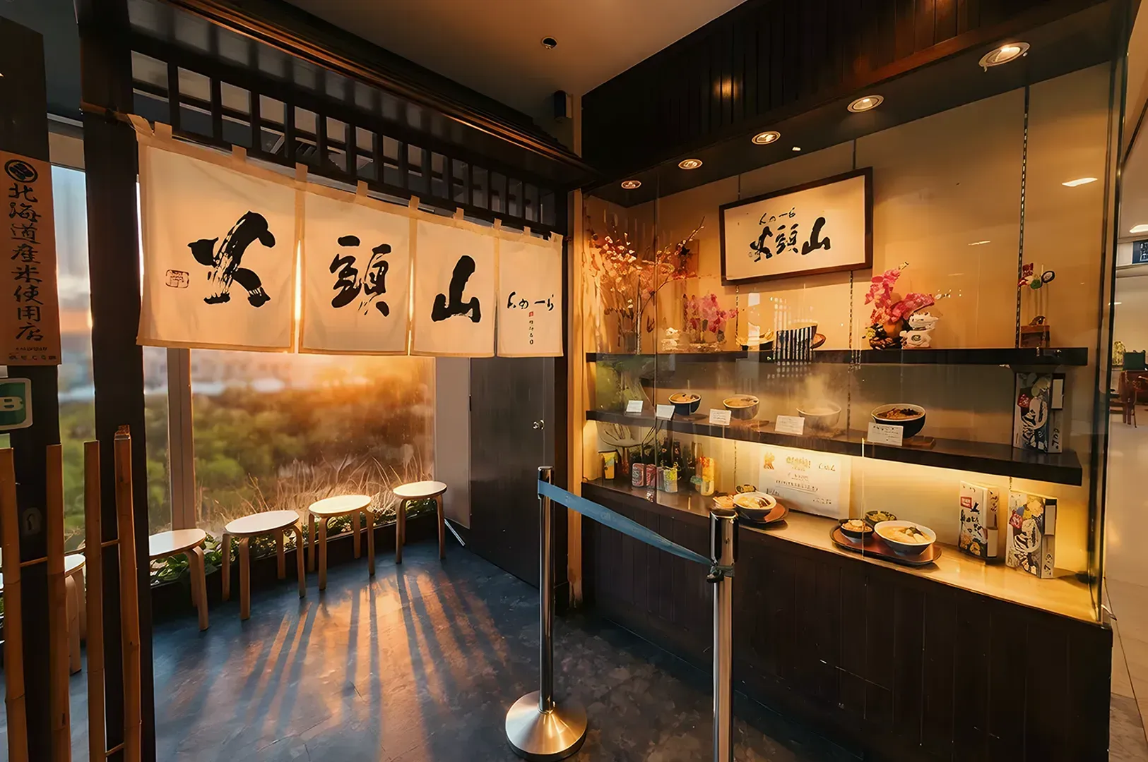 Japanese restaurant entrance with traditional curtains, illuminated display of dishes, and wooden seating. Warm lighting creates a cozy ambiance.