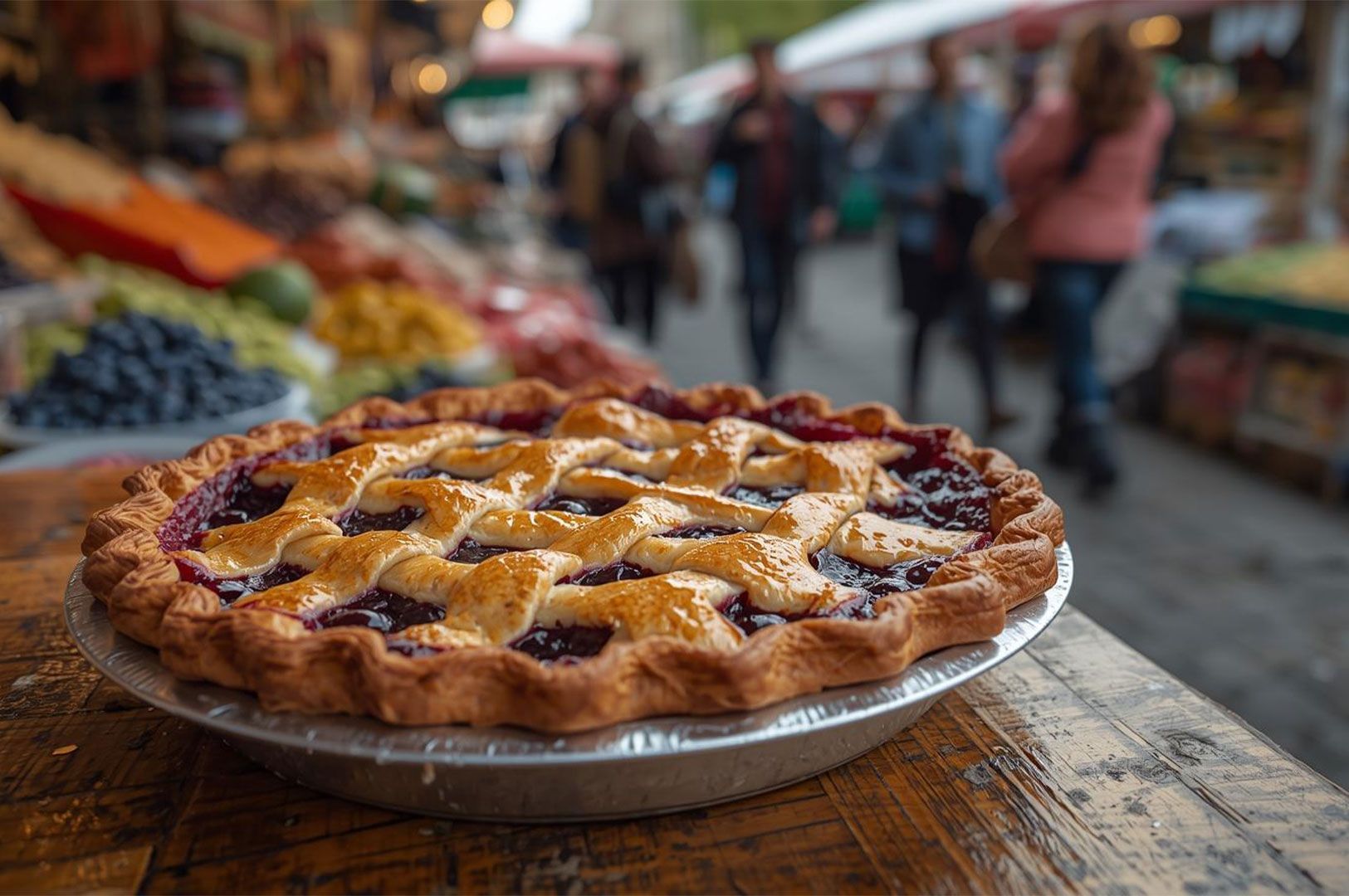 A large, freshly baked saskatoon berry pie with a lattice top and a dark berry filling (Saskatoon berries) displayed on a wooden table at a busy outdoor farmers' market.