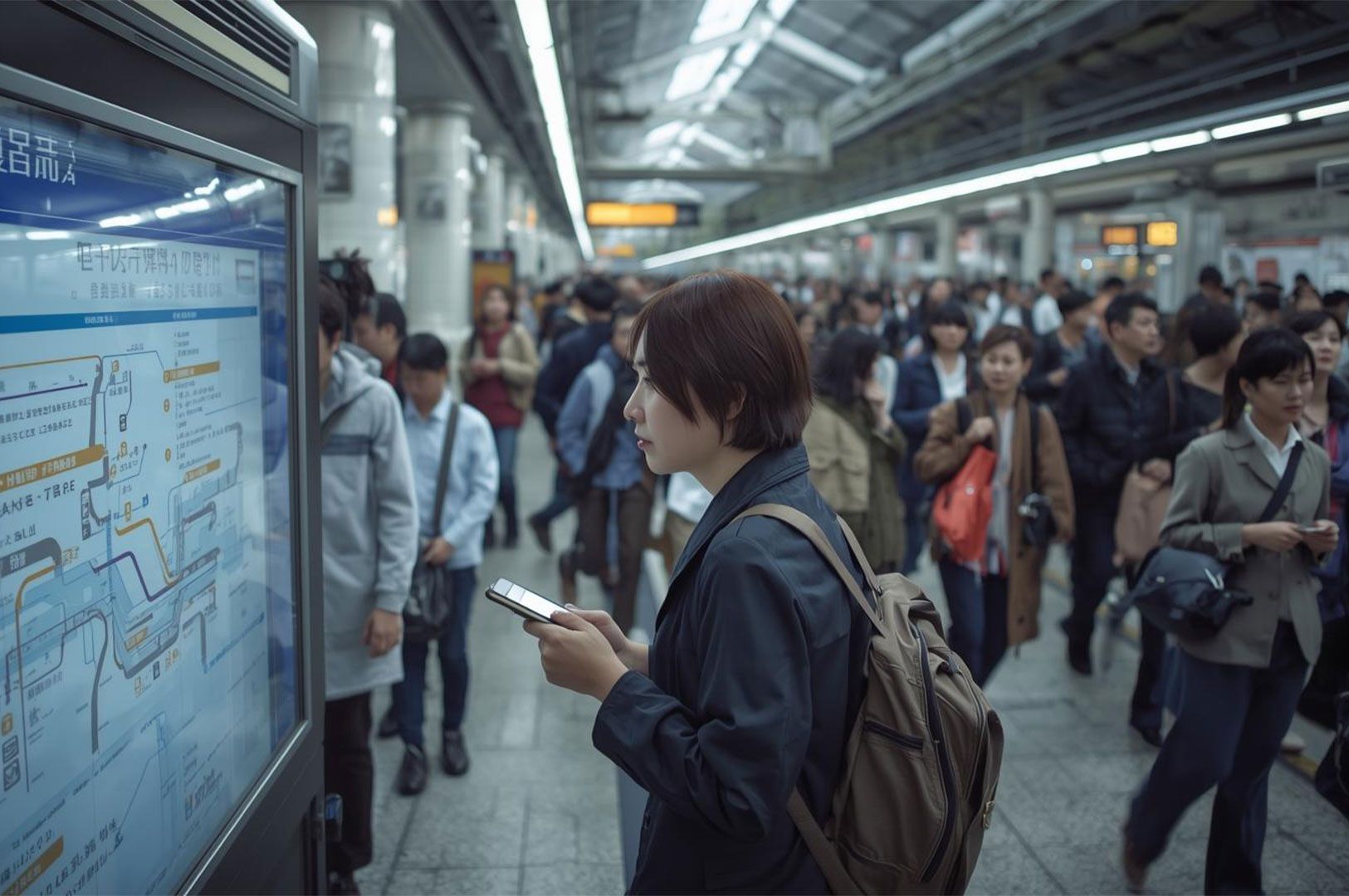 A woman with a backpack stands in a crowded subway station in a large Asian city, checking her mobile phone while looking at a large, illuminated transit map display.