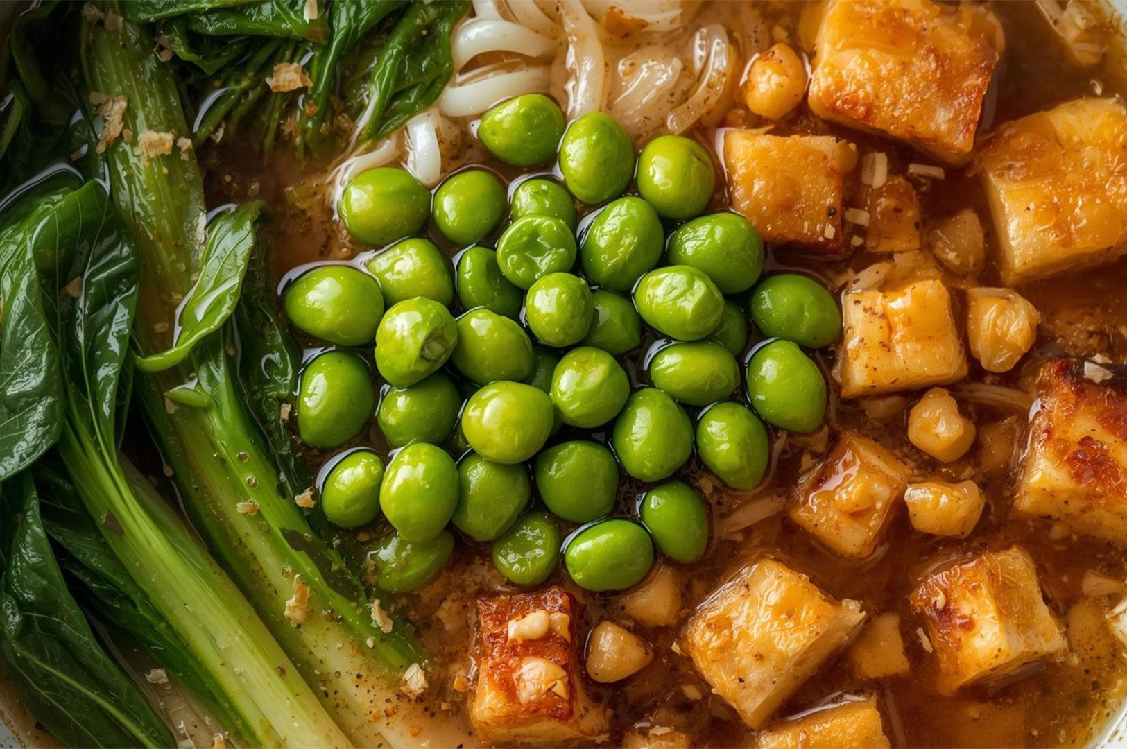 Overhead close-up of a vegetarian or vegan ramen bowl, featuring a mound of bright green edamame pods, cubed tempeh or tofu, and leafy green bok choy.