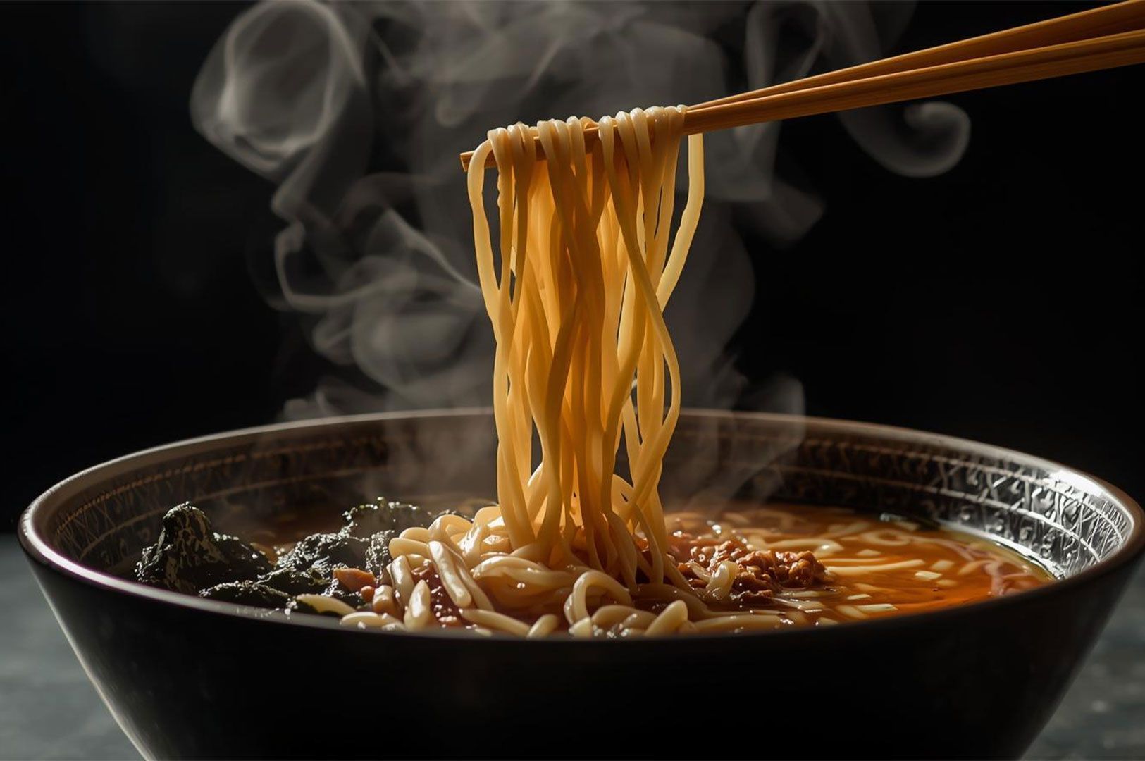 Chopsticks lifting a cascade of hot ramen noodles, with steam rising from a dark bowl containing broth, seasoned meat, and seaweed.