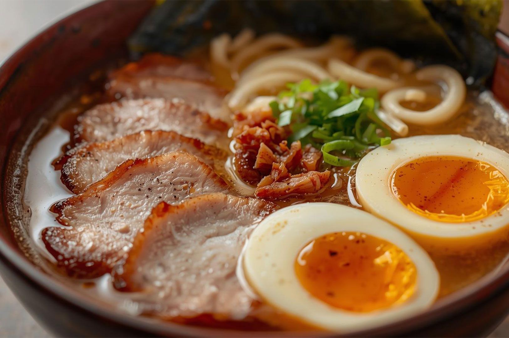 Close-up of a rich, creamy Tonkotsu ramen (or similar style) bowl, showcasing large slices of seasoned pork chashu and two perfect halves of a soft-yolk ramen egg.