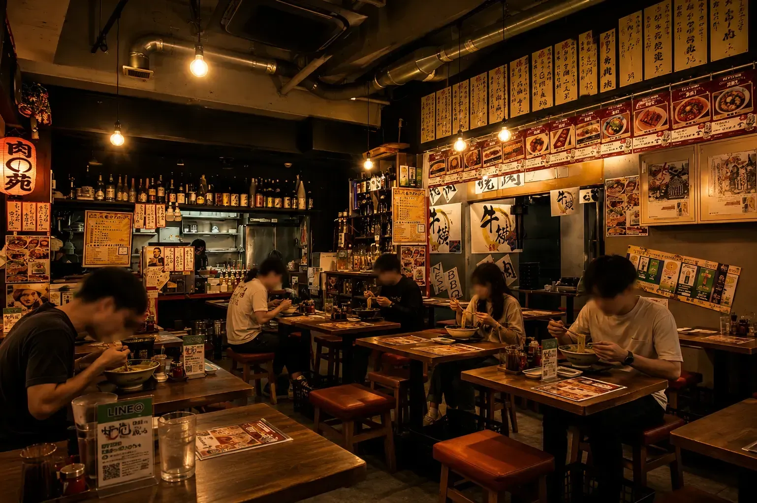 A dimly lit, bustling Japanese ramen restaurant or izakaya at night. 