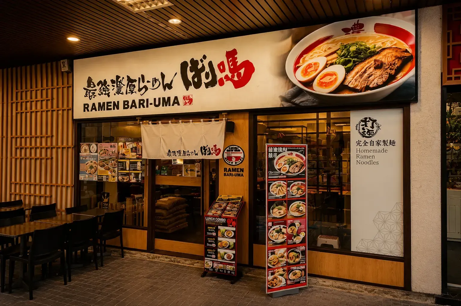Entrance of Ramen Bari-Uma featuring a large sign displaying a bowl of ramen and menu boards outside.