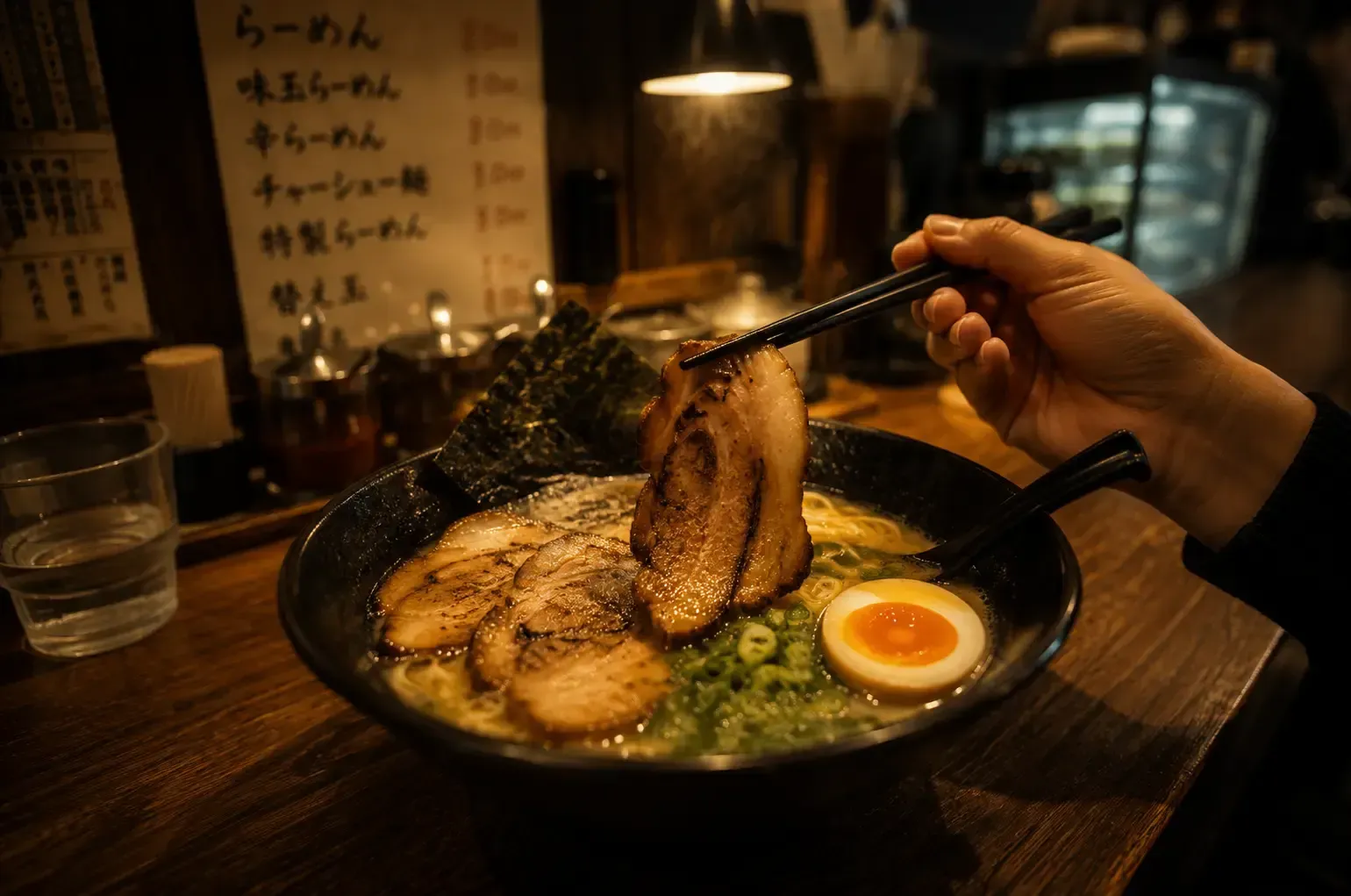 A bowl of Japanese ramen with soft-boiled egg and green onions, with chopsticks lifting a slice.