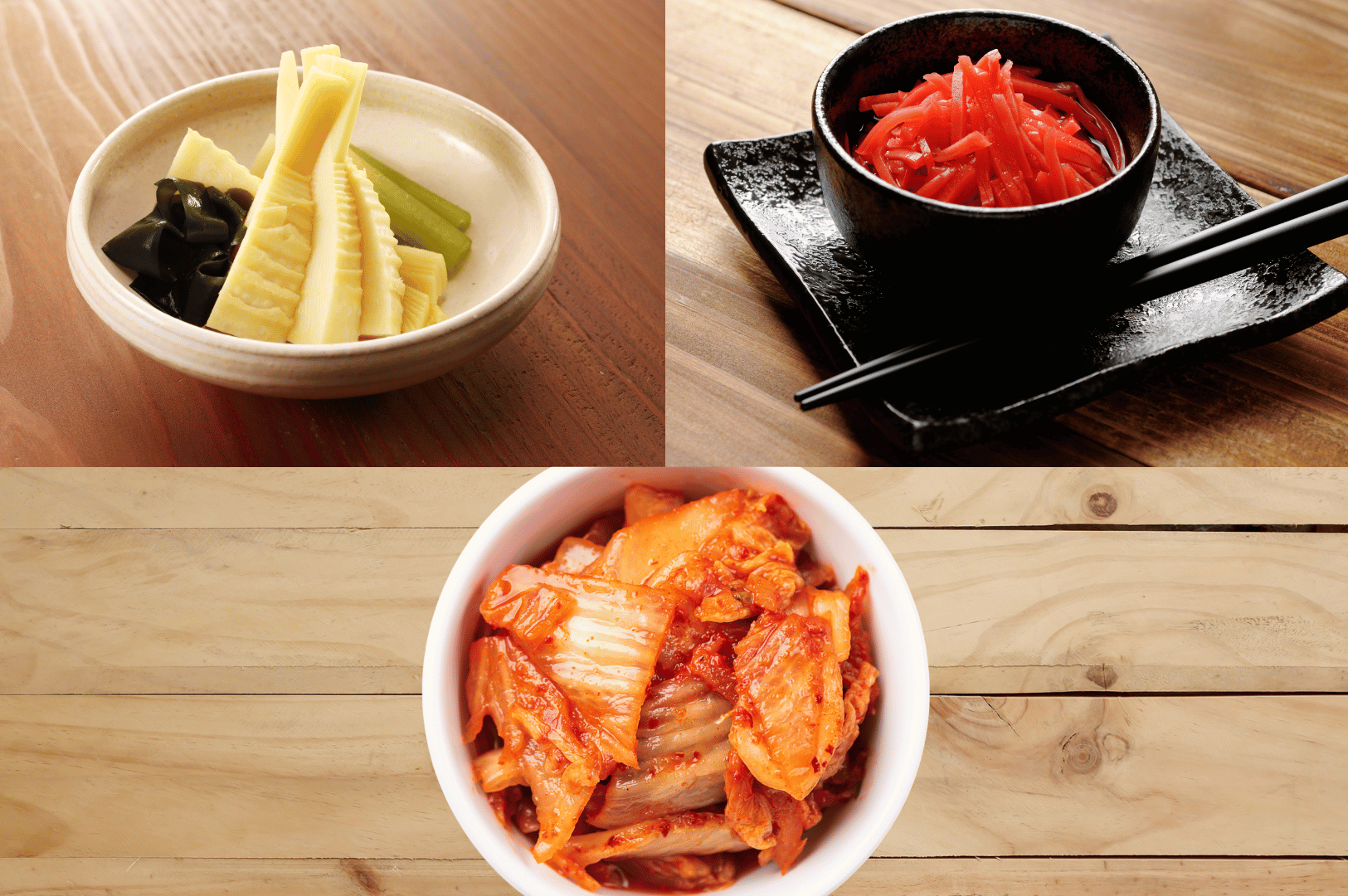 A collage of fermented and pickled side dishes that elevate ramen: bamboo shoots and cucumber sticks with seaweed for vegetal crunch, red pickled radish for sharp acidity, and kimchi for bold, fermented heat. These toppings offer contrast and complexity to rich broths, reflecting East Asian traditions of balance and preservation.