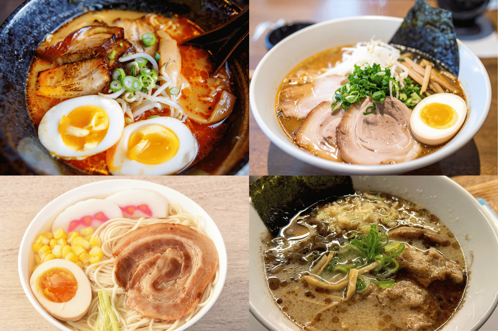 A four-bowl collage of Japanese ramen styles, each highlighting how fermented toppings balance distinct broths: spicy red broth with bean sprouts and grilled pork; light broth with bamboo shoots and nori; creamy broth with corn, narutomaki, and kimchi-inspired heat; and dark broth with fermented seaweed and bamboo shoots. Together, they reflect the regional and stylistic diversity of ramen and the role of fermentation in flavor harmony.