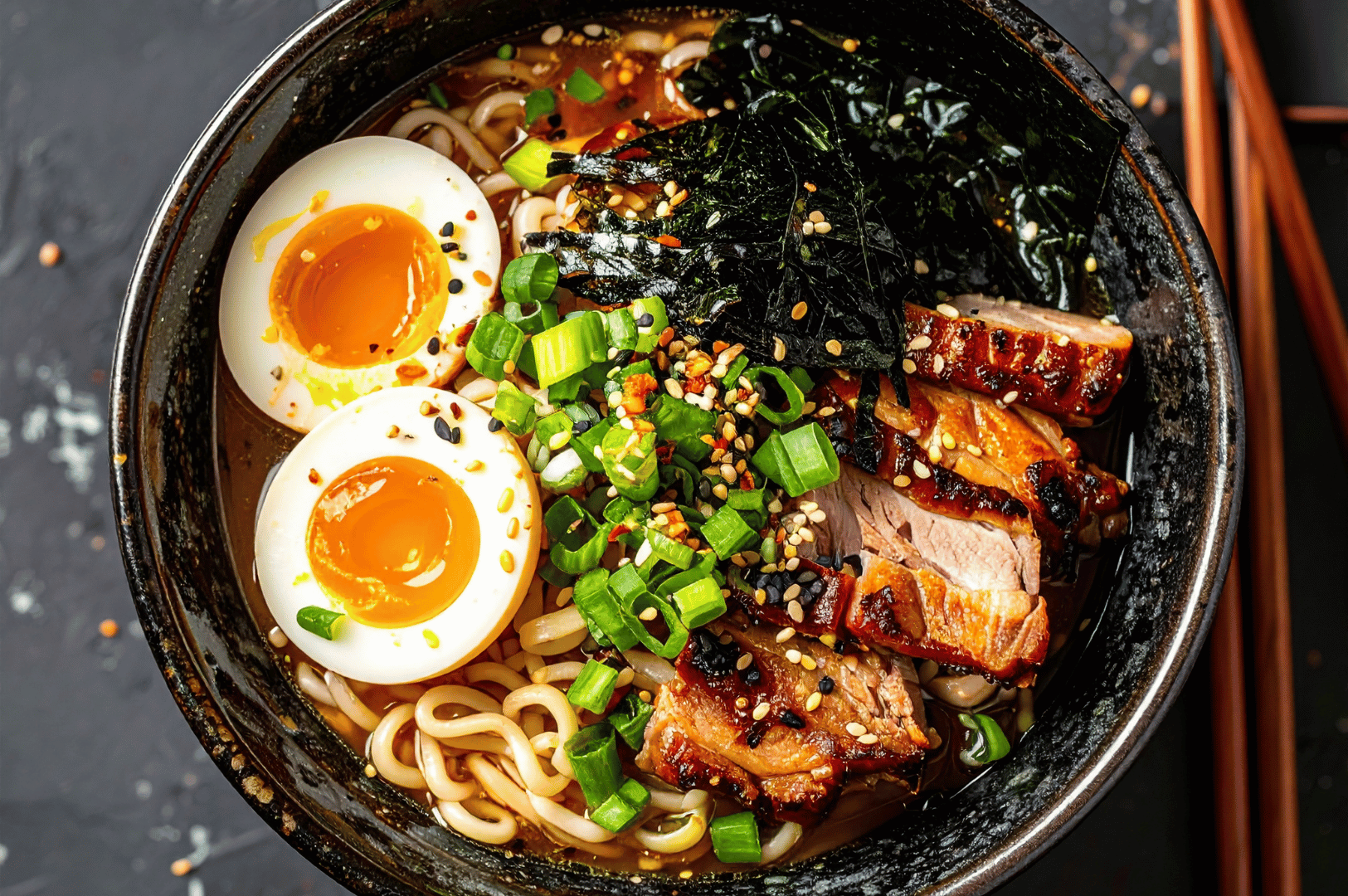 Black bowl of ramen artfully arranged with glazed pork slices, jammy eggs, seaweed sheets, scallions, sesame seeds, and a dusting of spices—each element layered atop garlic-enriched broth and springy noodles. The composition, framed by wooden chopsticks, evokes depth, warmth, and the savory complexity of garlic-infused Japanese comfort cuisine.