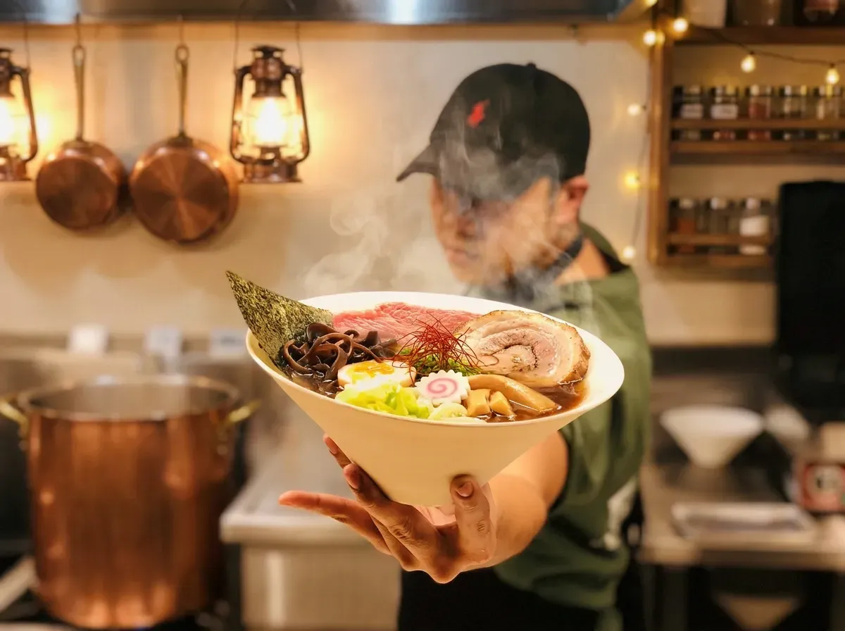 A chef in a black cap holds out a steaming, artfully arranged bowl of ramen featuring chashu pork.
