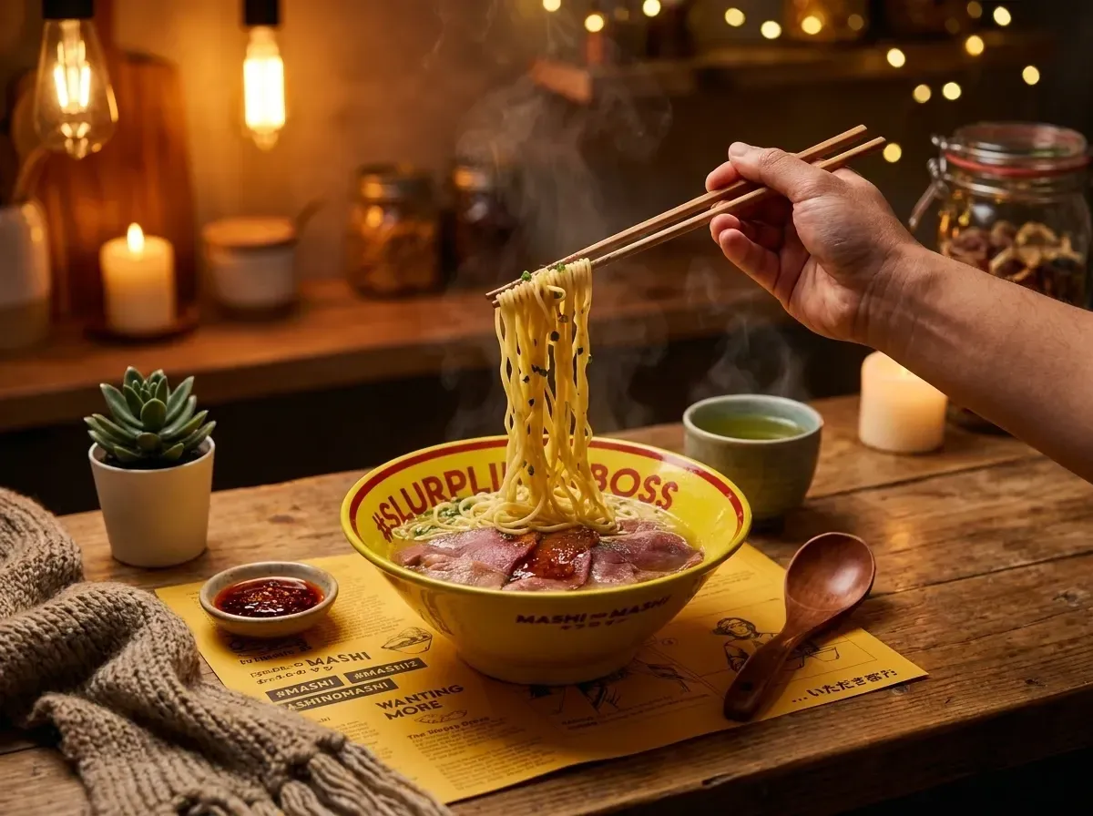 A hand lifts steaming noodles with chopsticks from a yellow wagyu beef ramen bowl on a rustic wooden table, surrounded by warm candle lighting and a cozy dining atmosphere.