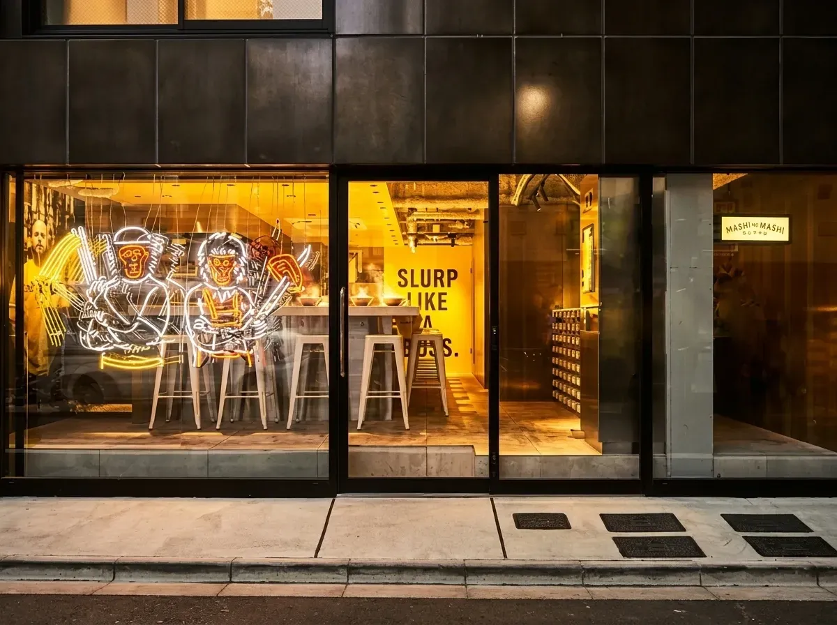 The storefront of a modern ramen shop at night, featuring a glass facade that reveals a brightly lit yellow interior with counter seating, a bold 