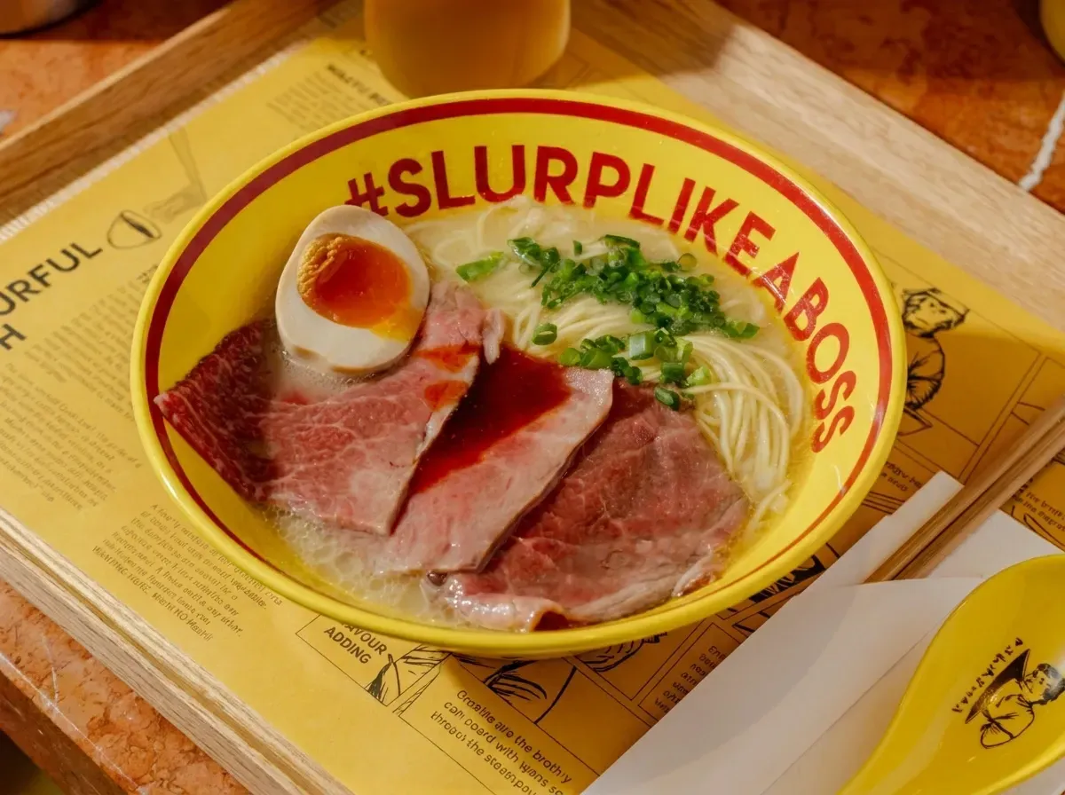 A bowl of wagyu beef ramen in a bright yellow bowl printed with 