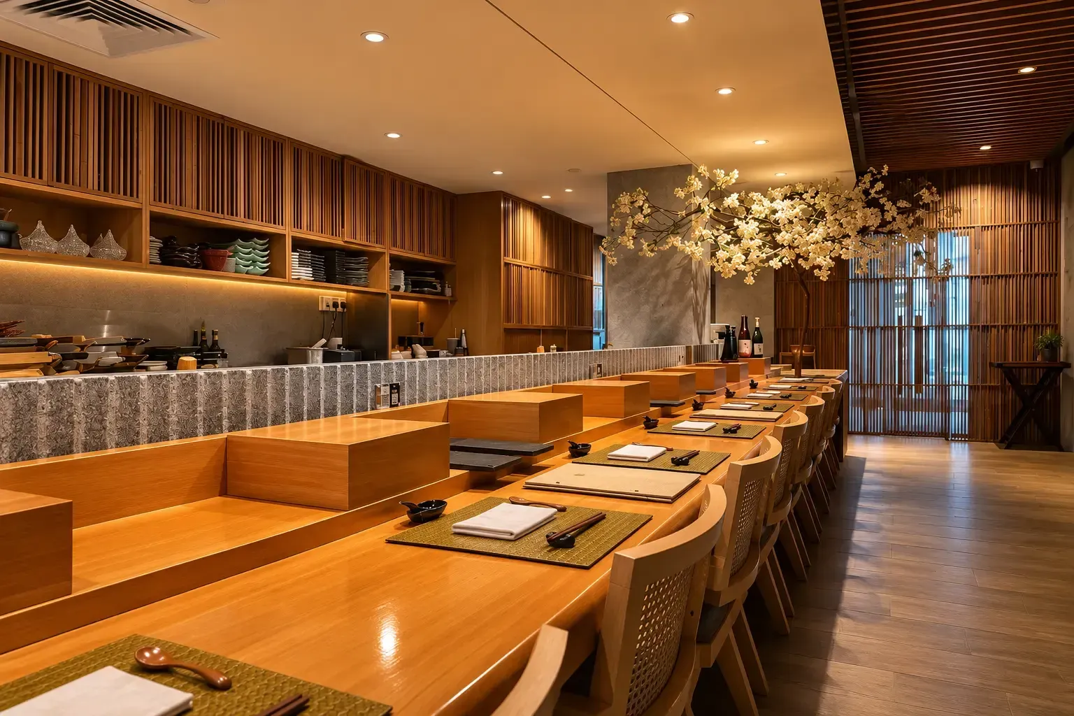 Long wooden counter seating in a modern Japanese dining room adorned with a cherry blossom tree.