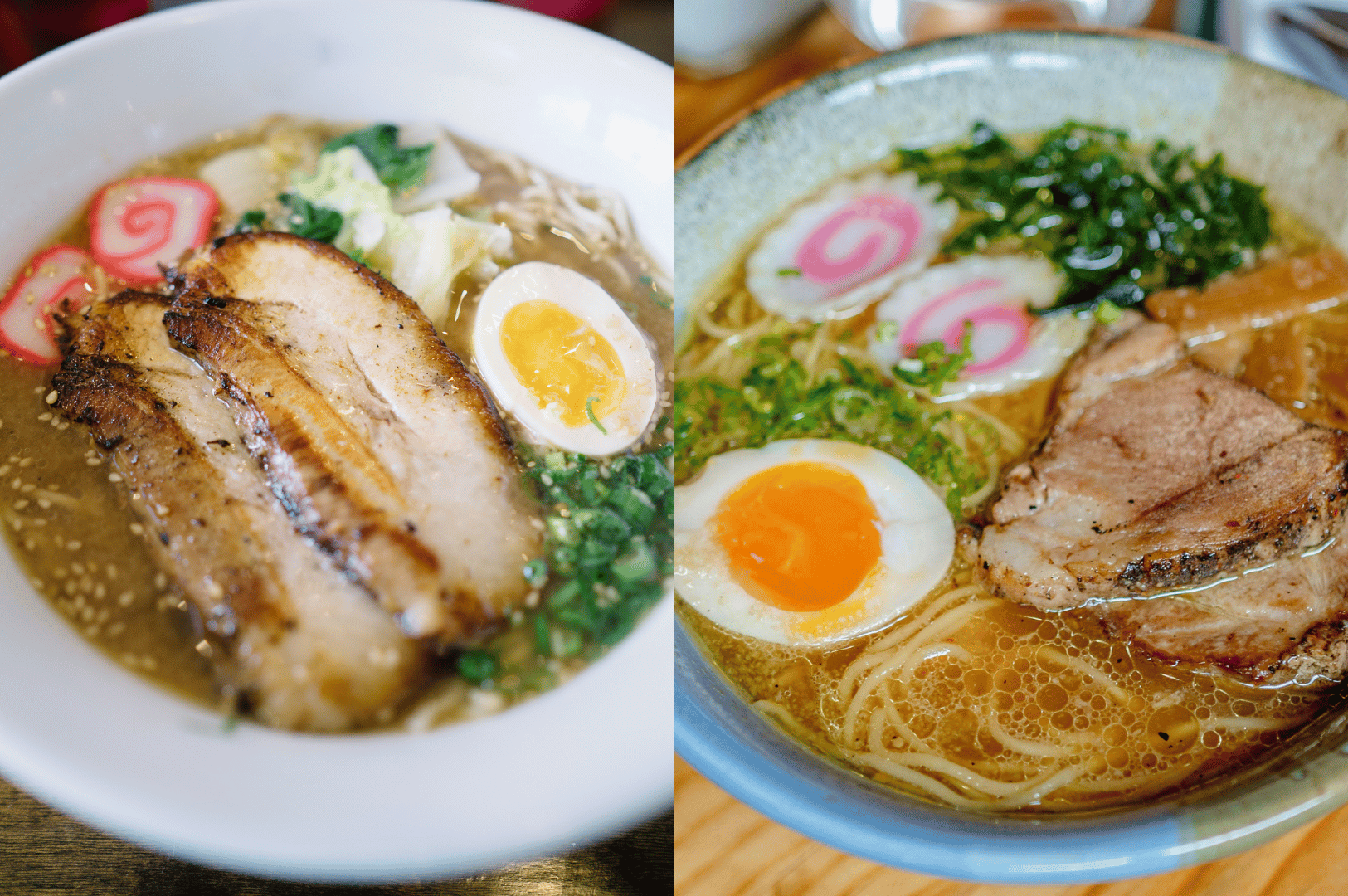 Two bowls of Japanese ramen side by side—one with rich brown broth and the other with golden broth—each topped with chashu pork, soft-boiled egg, narutomaki fish cake with pink swirl, green onions, and leafy greens, showcasing the diversity of ramen styles.