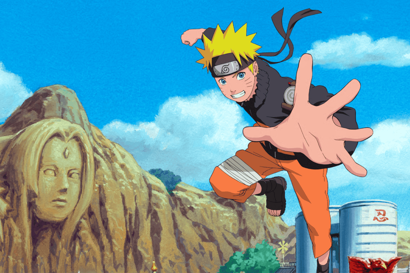 Anime character Naruto Uzumaki in mid-air striking a dynamic pose in his orange ninja outfit, set against the Hidden Leaf Village with Hokage monument in the background—linking the iconic ramen fish cake ‘narutomaki’ to the cultural legacy of the Naruto series