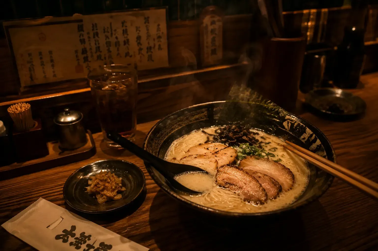 A hot bowl of ramen topped with chashu pork slices, broth, and chopsticks at a wooden dining counter