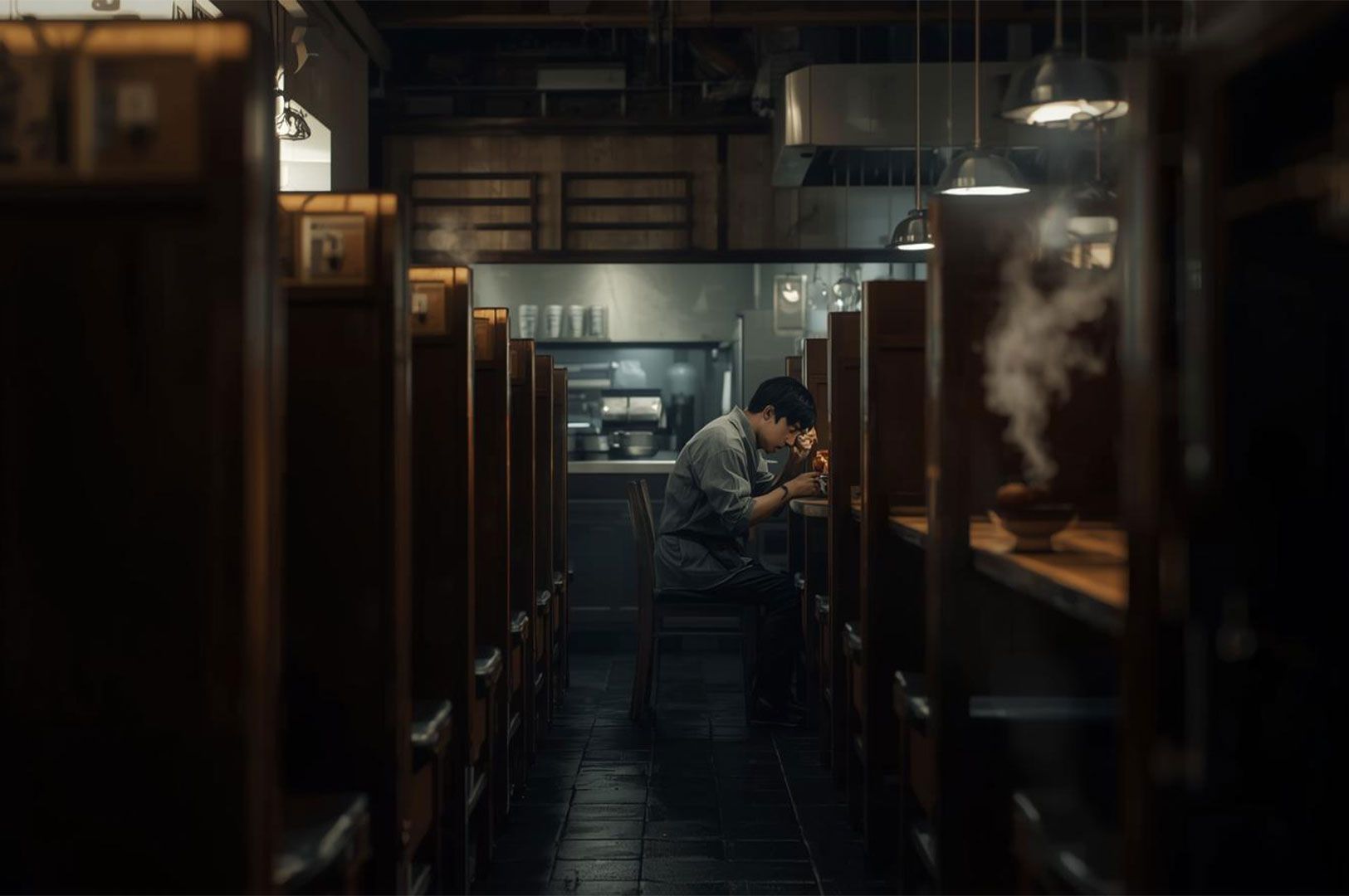 A man practicing mindful eating in a traditional Japanese ramen shop at a dedicated solo dining booth. The ramen-ya interior features dark wooden dividers and a long counter, emphasizing a focused eating environment and peaceful meal experience. Steam rises from a bowl of authentic Japanese ramen, highlighting Japanese food culture and promoting conscious consumption in a distraction-free setting.