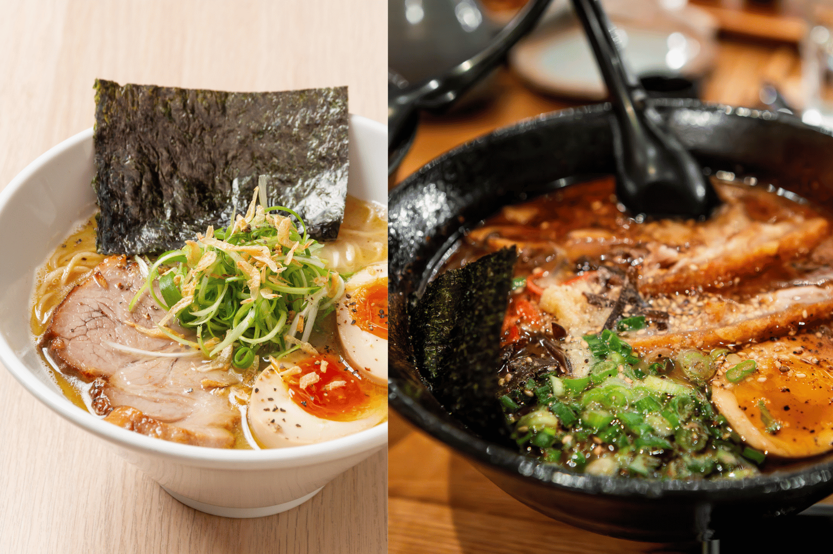 Two bowls of artisanal ramen side by side, one with a lighter shoyu-style broth and the other with a darker, richer tonkotsu base. Both feature sliced pork, soft-boiled eggs with golden yolks, scallions, bean sprouts, sesame seeds, and nori, with a black spoon resting in the heartier bowl. The contrast highlights the diversity of Japanese ramen traditions reinterpreted through San Francisco’s farm-to-table philosophy.
