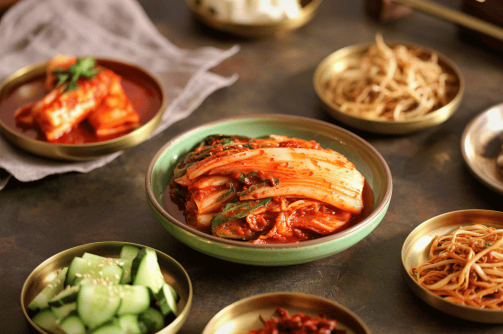 An assortment of Korean banchan—kimchi, seasoned cucumbers, bean sprouts, and marinated vegetables—served in golden bowls on a shared table. The vibrant colors and fermented flavors offer a sensory prelude to Seoul’s noodle districts, where ramen is often paired with these traditional side dishes in a celebration of communal dining and culinary heritage.