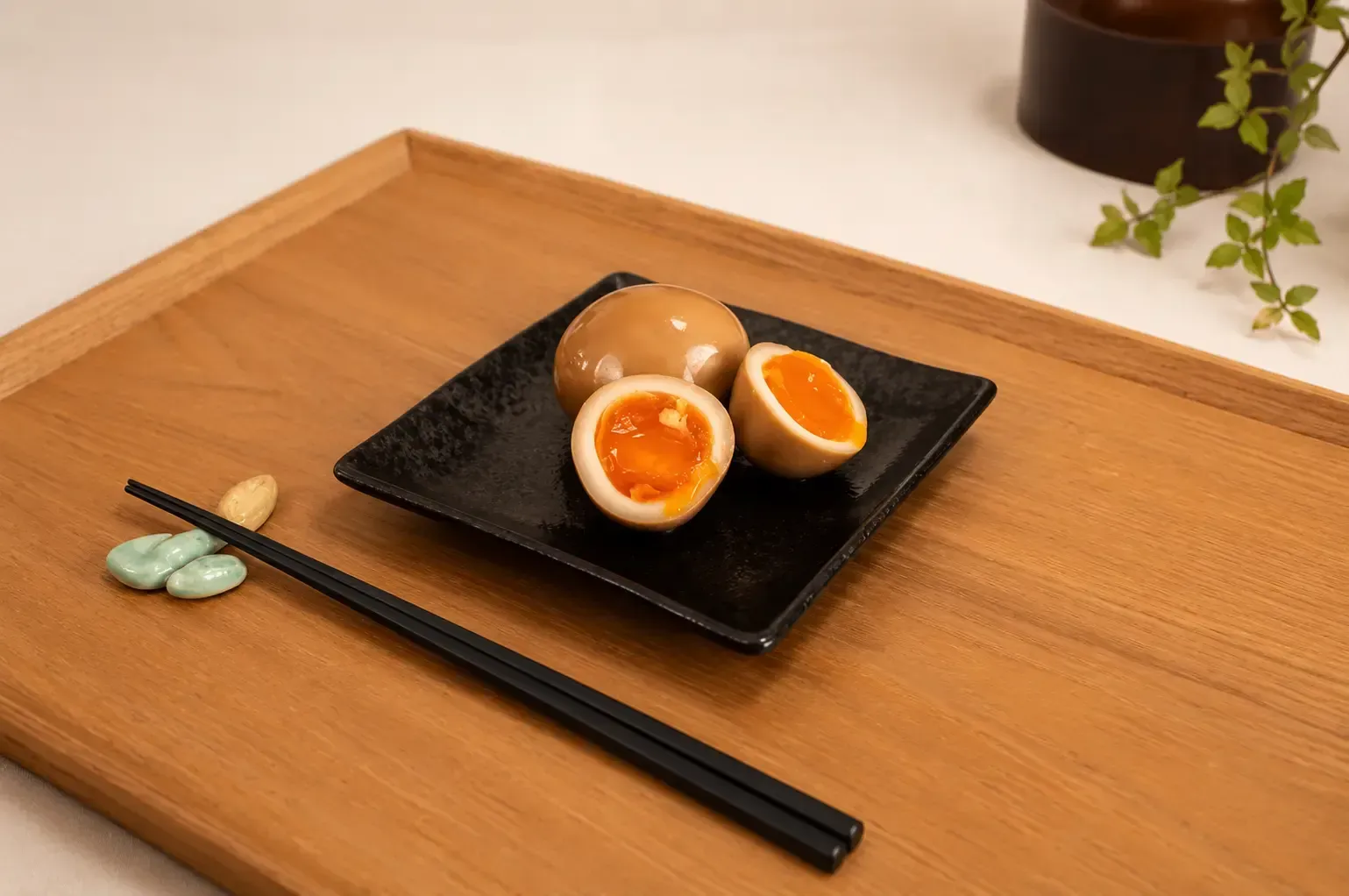 Japanese ramen eggs (Ajitsuke Tamago), with one cut in half revealing a soft, jammy golden yolk,.