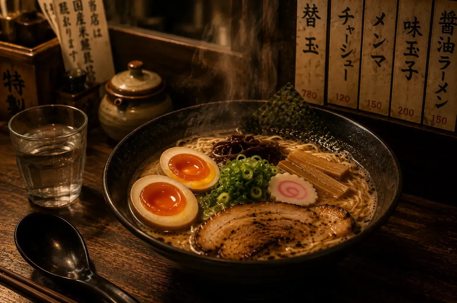 Steaming bowl of ramen with soft-boiled eggs, chashu pork, scallions, and bamboo shoots at a wooden