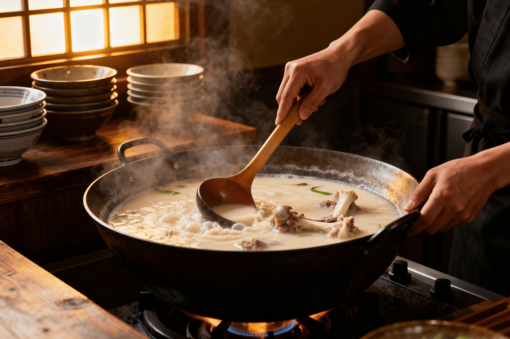 Steam rises from a simmering pot of creamy white tonkotsu broth as pork bones are gently stirred wit
