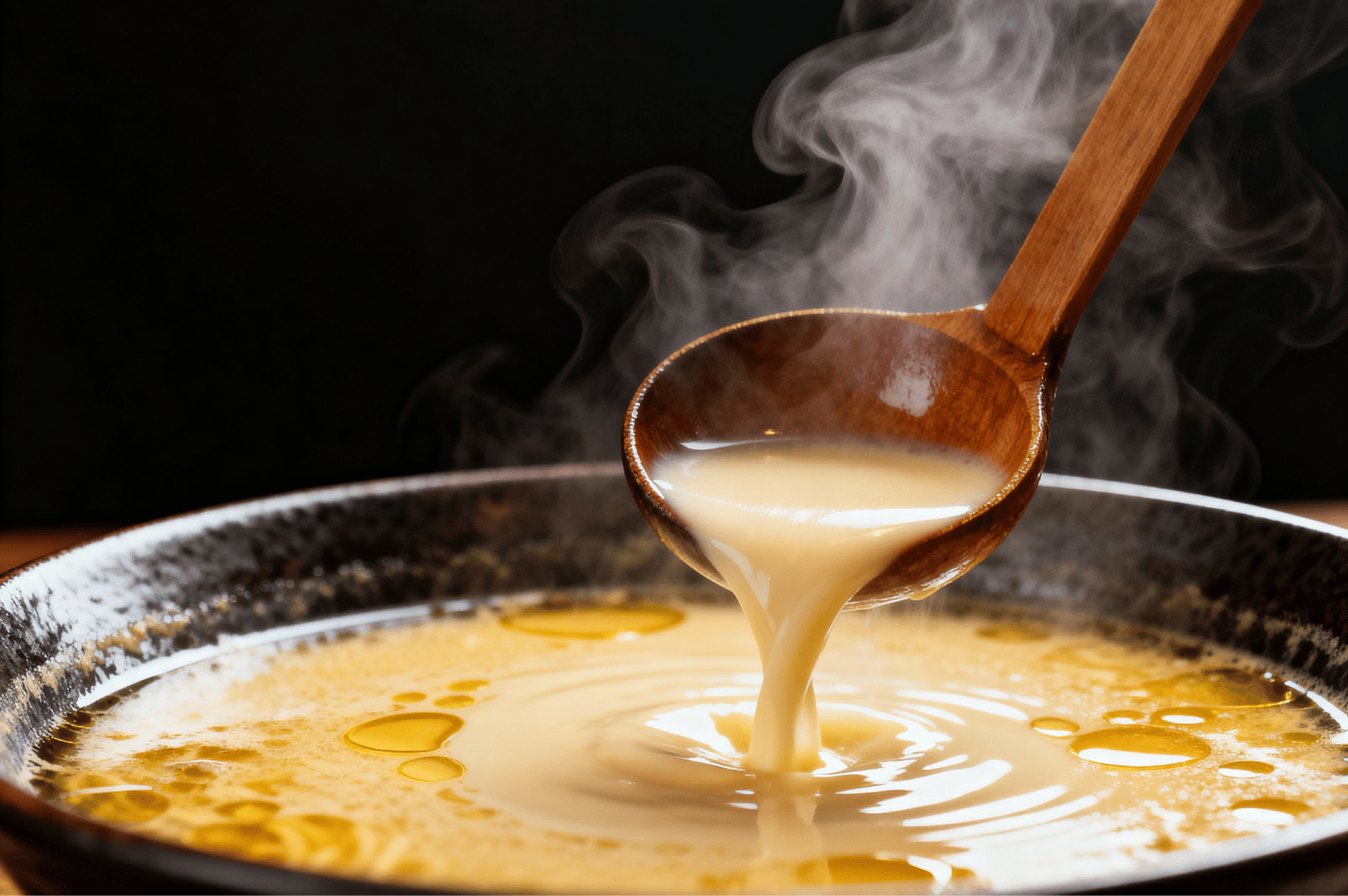 Steam curls upward from a ladle lifting creamy tonkotsu broth, its pale yellow hue and glistening droplets of fat revealing hours of slow bone emulsification. Set against a dark backdrop, the warmth and richness of the soup take center stage—evoking the quiet alchemy of collagen breakdown and the comforting depth of flavor born from patient extraction.