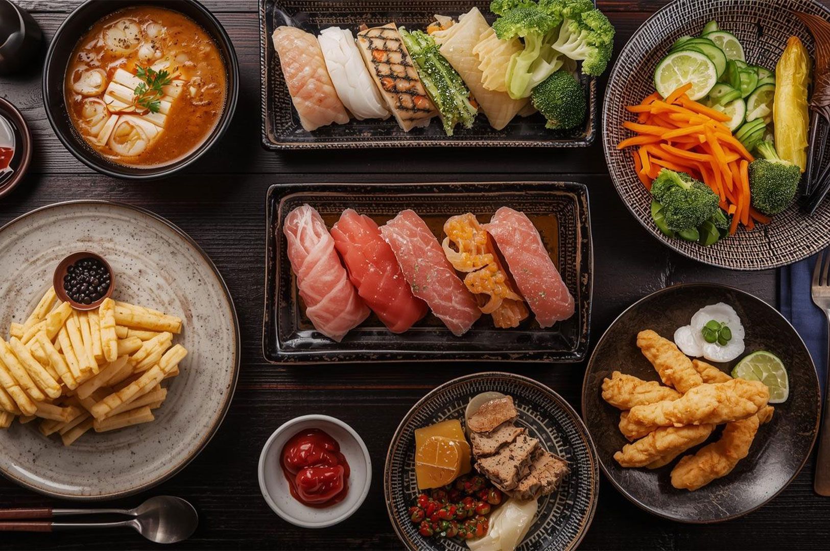 A visually appealing, richly diverse flat lay of a Japanese table setting, moving beyond ramen to showcase a broad tapestry of cuisine. The arrangement features a comforting bowl of miso soup, a portion of prepared sushi, brightly colored seasonal vegetables, deep-fried tempura, and a small dish of sweet red bean paste. The collection of dishes emphasizes variety, balance, and small portions, visually conveying the Japanese culinary philosophy of encouraging connection to ingredients and community.