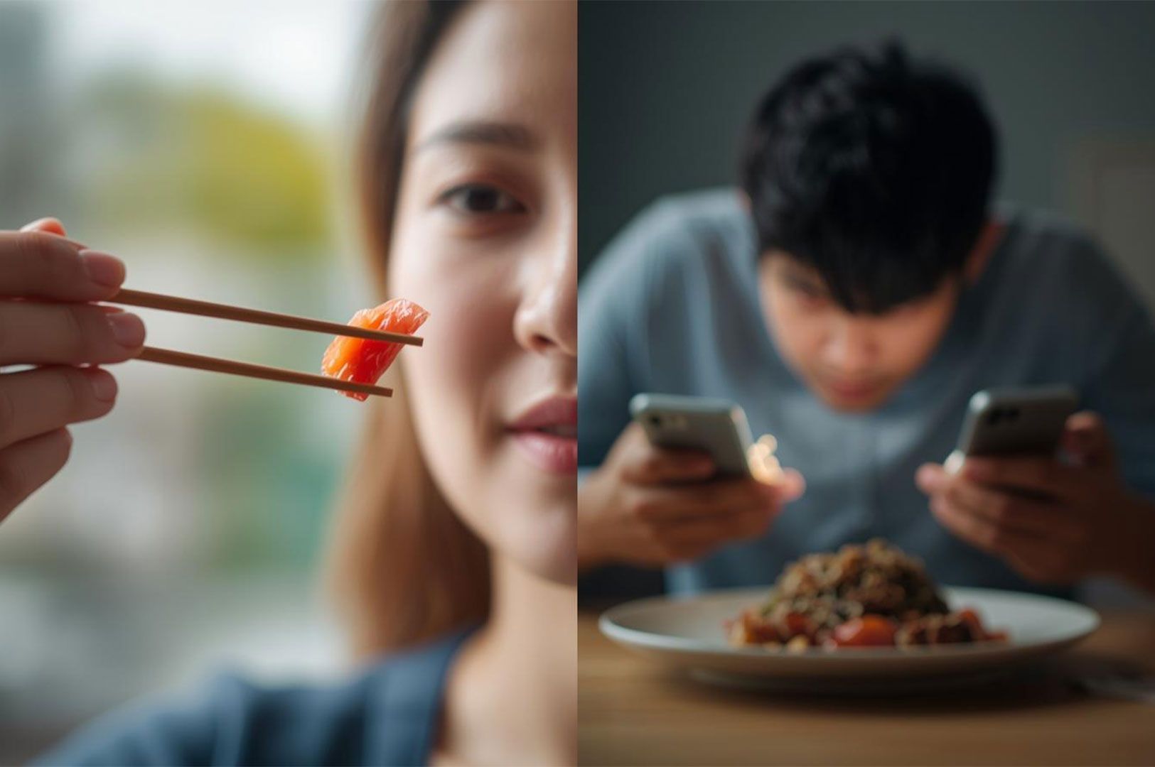 A split image contrasting mindful eating and distracted dining. On the left, a woman is in focus, savoring a small, healthy portion of salmon held with chopsticks. On the right, a blurred man hunches over a plate of food, deeply engaged with multiple smartphones, symbolizing mindless eating and the challenges of emotional eating in the digital age.