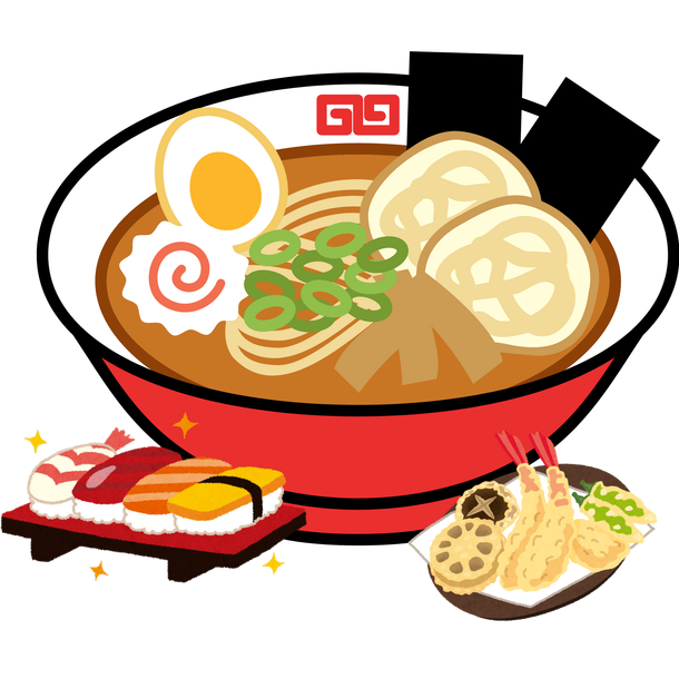 Illustration of a Japanese ramen bowl with egg, sliced pork, dumplings, green onions, and rich broth, served with sushi and tempura on the side.