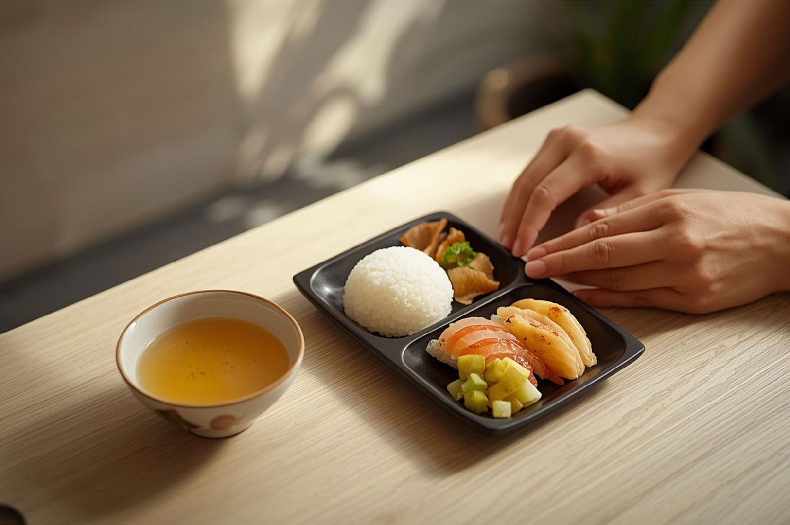 A high-angle, close-up photograph capturing a serene and elegantly presented traditional Japanese meal for one person on a light-colored wooden table. The composition showcases small portions and balanced ingredients: a comforting bowl of miso soup, perfectly formed sushi rice, and one or two vibrant, seasonal side dishes like colorful pickled vegetables and delicate pieces of fresh sashimi.
