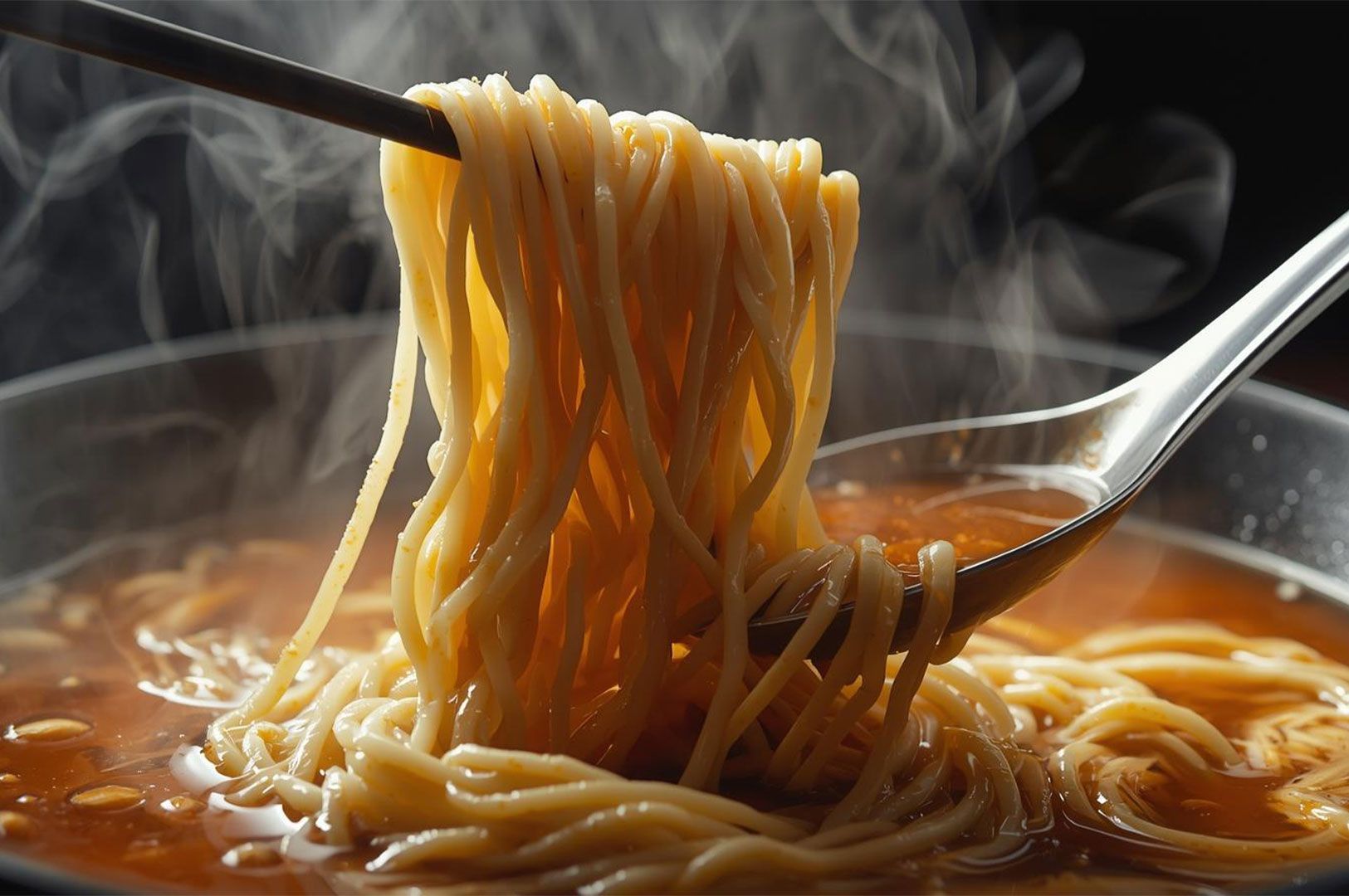 Close-up action shot of steaming ramen noodles being lifted with chopsticks and a large spoon from a rich, savory ramen broth. The image highlights the texture of ramen, the warmth of the Japanese soup, and the slurping ritual integral to Japanese food culture. Capturing the essence of authentic ramen consumption, it emphasizes the mindful eating experience and the enjoyment of traditional Japanese cuisine.