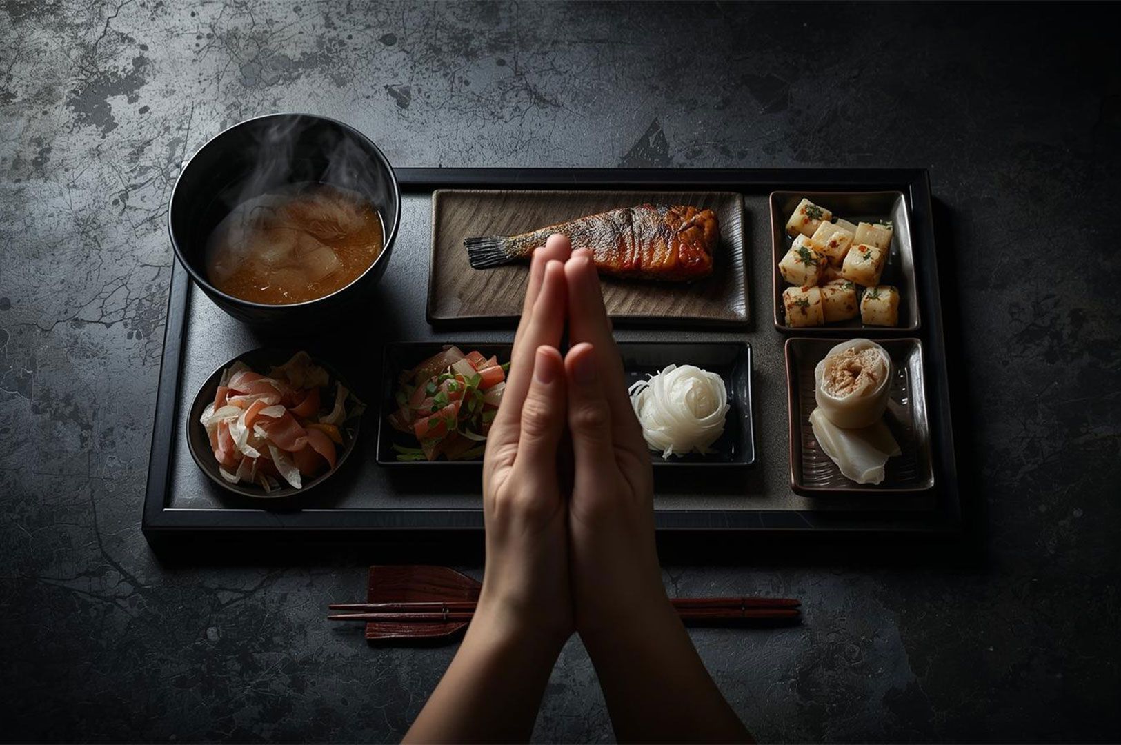 A medium-close shot, of a traditionally structured Japanese meal, illustrating the concept of ichiju-sansai (