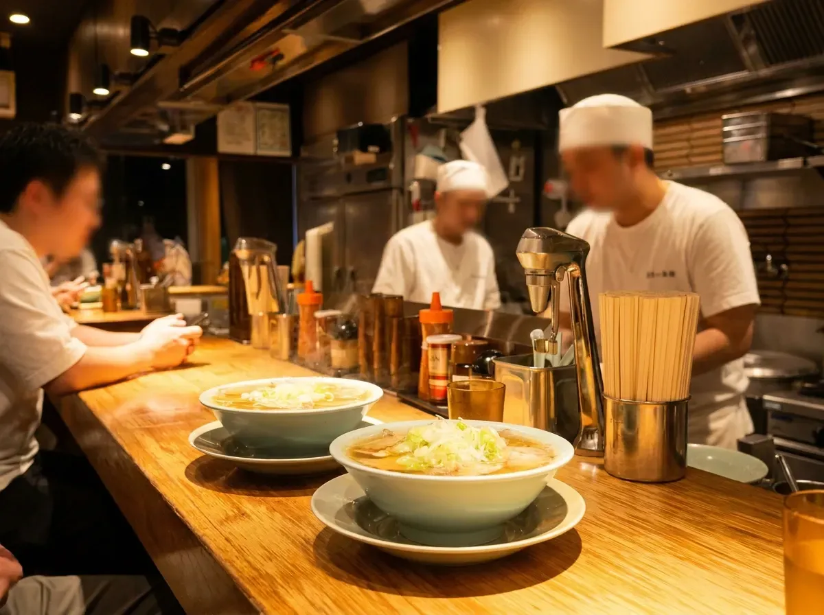 Two steaming bowls of ramen sitting on a wooden counter inside a Japanese restaurant.