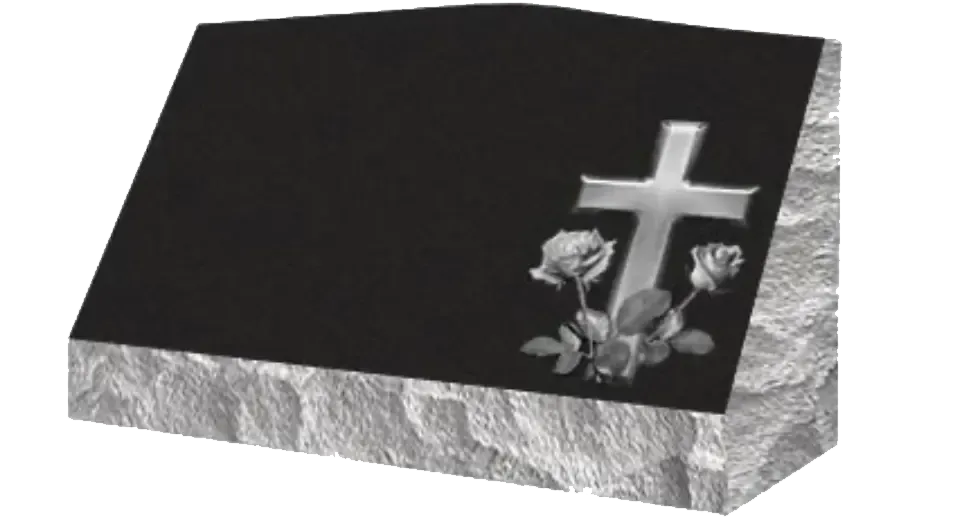 A black gravestone with a cross and roses on it