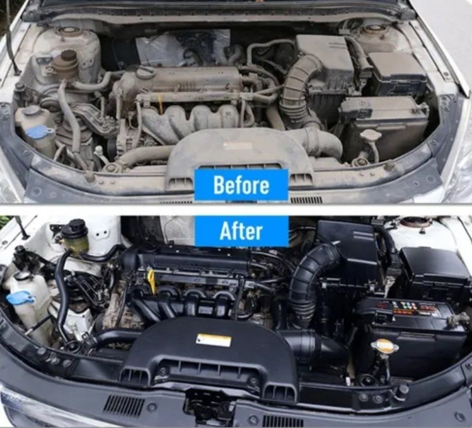 Engine compartment cleaned, before and after.