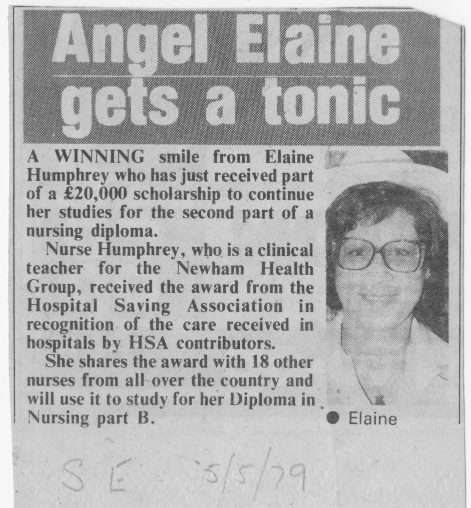 snippet of newspaper showing Elaine winning scholarship