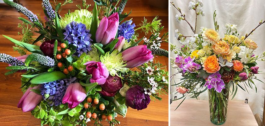 two spring bouquets with purple, pink, white, yellow, and orange flowers
