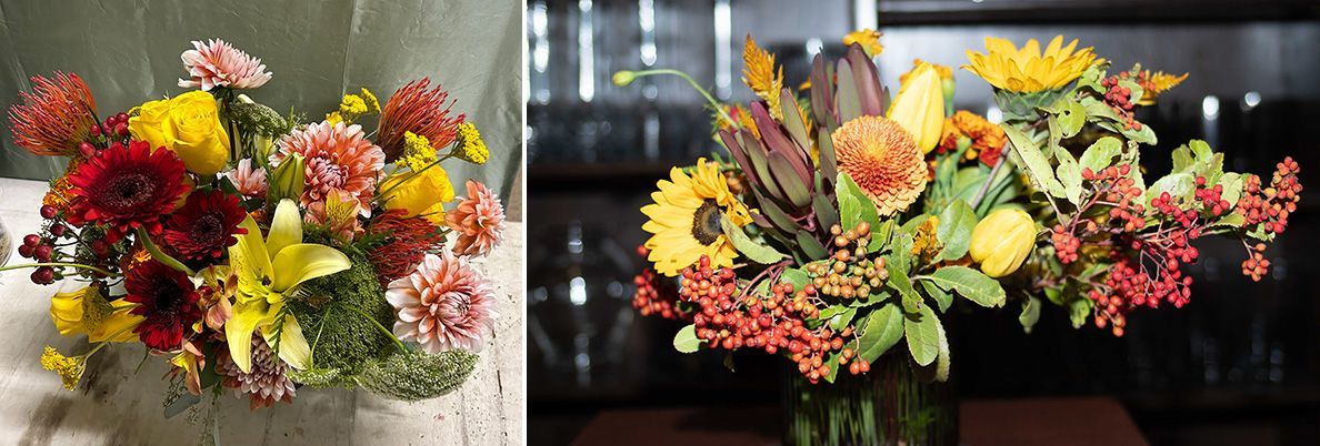 Two red, yellow, orange, and pink fall bouquets side by side