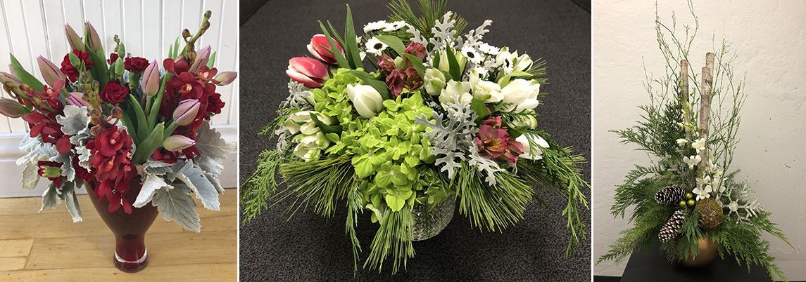 Three winter bouquets in a row with red, white, and pink flowers and green leaves