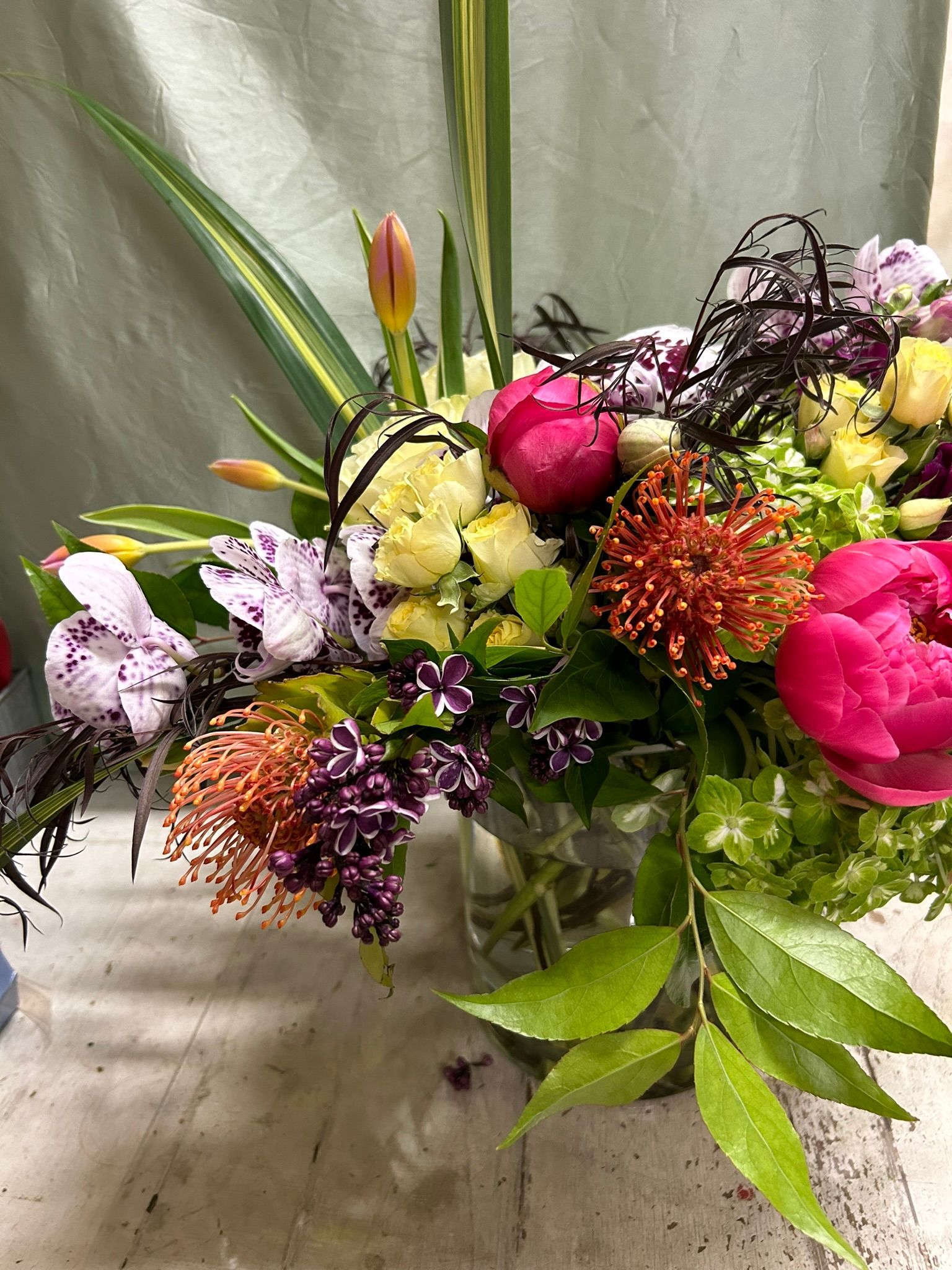 A unique and modern flower design with peonies and tulips