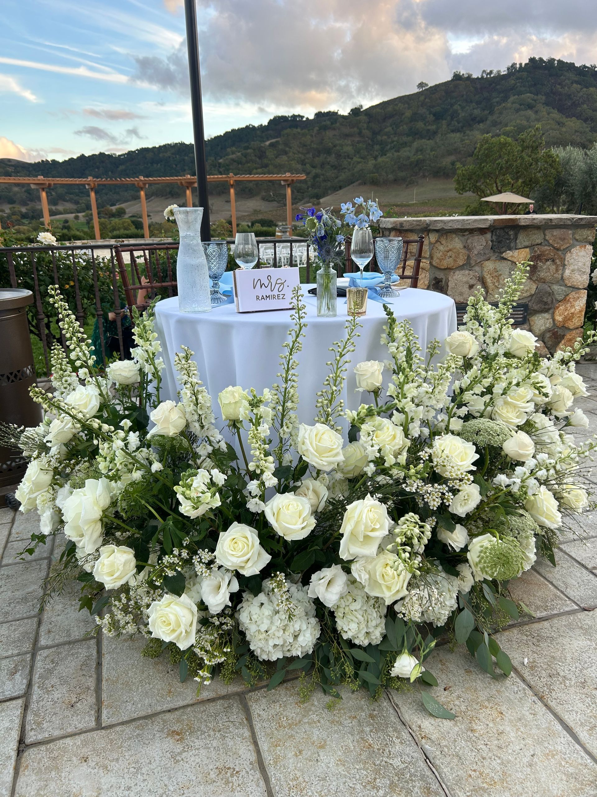 White flowers at the base 